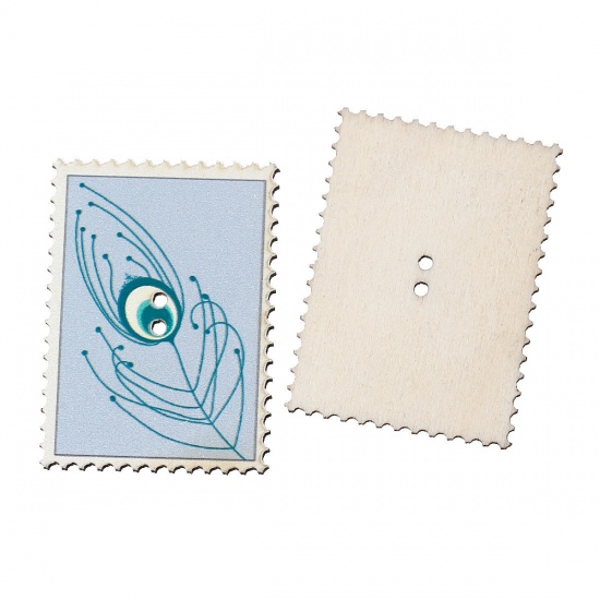 Picture of Natural Wood Sewing Button Scrapbooking Postage Stamp Light Blue Feather Pattern 2 Holes 40mm x 29mm(1 5/8"x 1 1/8"), 20 PCs