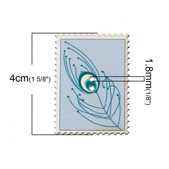 Picture of Natural Wood Sewing Button Scrapbooking Postage Stamp Light Blue Feather Pattern 2 Holes 40mm x 29mm(1 5/8"x 1 1/8"), 20 PCs