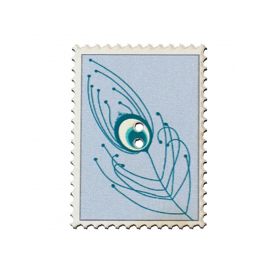 Picture of Natural Wood Sewing Button Scrapbooking Postage Stamp Light Blue Feather Pattern 2 Holes 40mm x 29mm(1 5/8"x 1 1/8"), 20 PCs