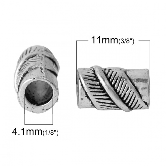 Immagine di Lega di Zinco Perline di Fascino con Foro Grande in Stile Europeo Argento Antico Cilindrico Foglia 11mm x 7mm, Foro:Circa 4.1mm, 50 Pz