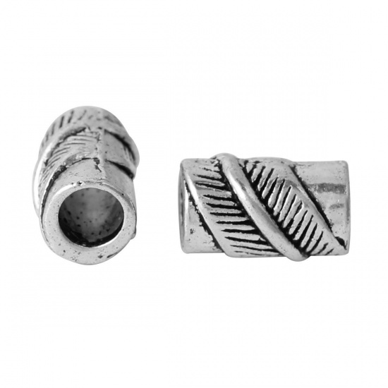 Immagine di Lega di Zinco Perline di Fascino con Foro Grande in Stile Europeo Argento Antico Cilindrico Foglia 11mm x 7mm, Foro:Circa 4.1mm, 50 Pz