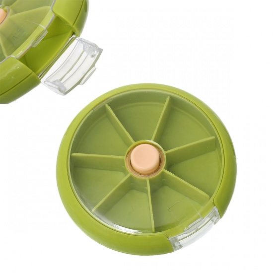Picture of Plastic Beads Organizer Container Storage Box Round Olive Green Rotating 8.9cm(3 4/8") Dia, 3 PCs(7 Compartments/Piece)