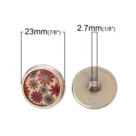 Picture of Plastic & Natural Wood Sewing Shank Buttons Round Multicolor Flower Pattern 23mm( 7/8") Dia, 20 PCs