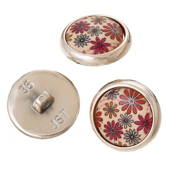 Picture of Plastic & Natural Wood Sewing Shank Buttons Round Multicolor Flower Pattern 23mm( 7/8") Dia, 20 PCs