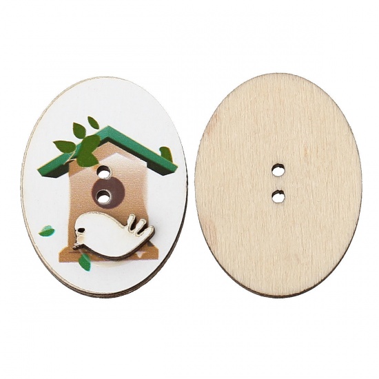 Picture of Natural Wood Sewing Button Scrapbooking Oval White Birdcage Pattern 2 Holes 32mm x 24mm(1 2/8"x 1"), 20 PCs