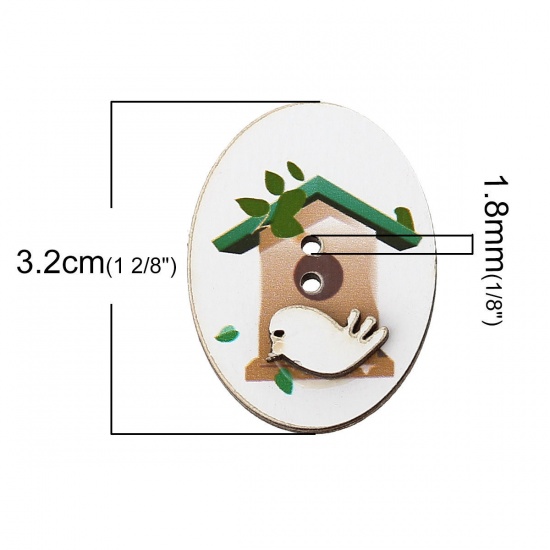 Picture of Natural Wood Sewing Button Scrapbooking Oval White Birdcage Pattern 2 Holes 32mm x 24mm(1 2/8"x 1"), 20 PCs