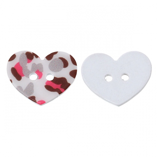 Picture of Acrylic Sewing Buttons Scrapbooking Heart Multicolor 2 Holes Leopard Print Pattern 25mm(1") x 20mm( 6/8"), 20 PCs