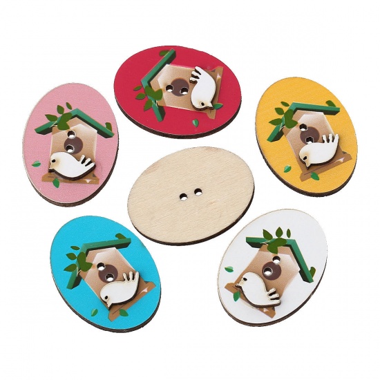 Picture of Natural Wood Sewing Button Scrapbooking Oval Mixed Birdcage Pattern 2 Holes 32mm x 24mm(1 2/8"x 1"), 20 PCs