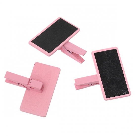 Picture of Wood Photo Paper Clothes Clothespin Clips Note Pegs Pink & Black Rectangle Pattern 5cm x4.8cm(2" x1 7/8"), 20 PCs