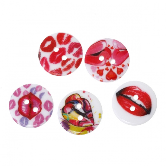 Picture of Resin Sewing Buttons Scrapbooking 2 Holes Round At Random Mixed Lip Pattern 20mm( 6/8") Dia, 7 PCs