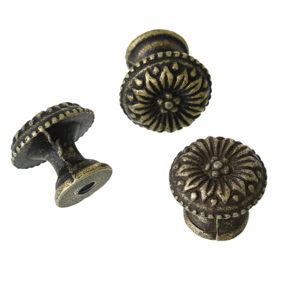 Image de Poigées de Valise en Alliage de Zinc Forme Rond Bronze Antique Fleurs, 17mm x 16mm, 10 Pcs