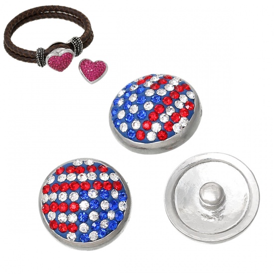 Picture of 20mm Clay Snap Buttons Round Silver Tone Flag of the United States Pattern Multicolor Rhinestone Fit Snap Button Bracelets, Knob Size: 5.5mm( 2/8"), 2 PCs