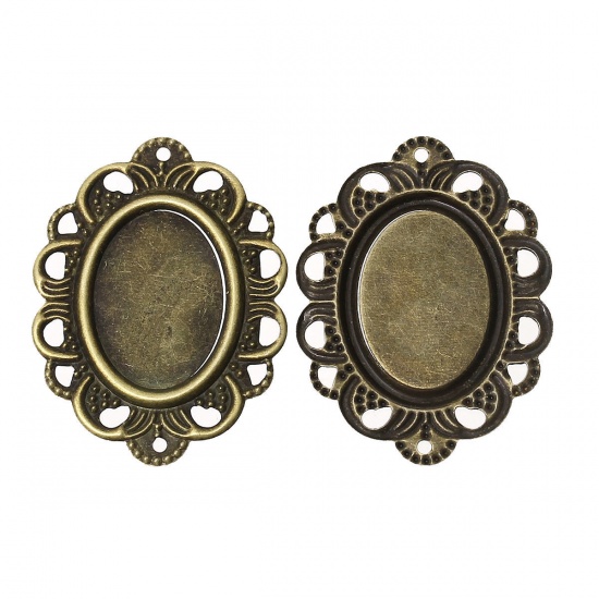 Picture of Iron Based Alloy Cabochon Settings Connectors Oval Antique Bronze Hollow (Fits 17mm x 12mm ) 32mm(1 2/8") x 24mm(1"), 100 PCs