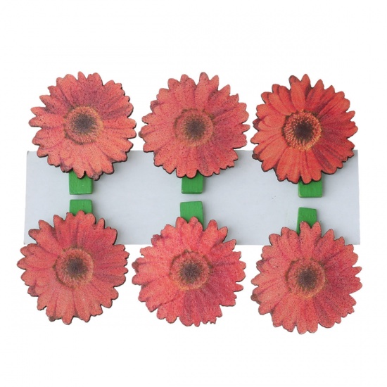 Picture of Wood Photo Paper Clothes Clothespin Clips Note Pegs Red Flower Pattern 3.9cm x3.4cm(1 4/8" x1 3/8"), 2 Packets(6 PCs/Packet)