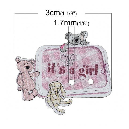 Picture of Wood Sewing Button Scrapbooking Rectangle Bear Pink 2 Holes 30mm(1 1/8") x 25mm(1"), 50 PCs