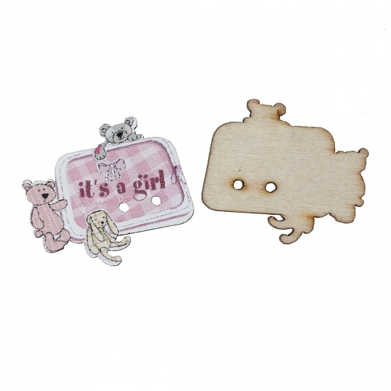 Picture of Wood Sewing Button Scrapbooking Rectangle Bear Pink 2 Holes 30mm(1 1/8") x 25mm(1"), 50 PCs