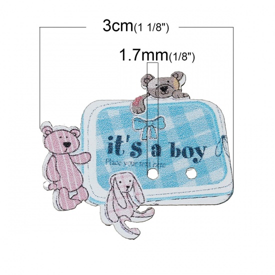 Picture of Natural Wood Sewing Buttons Scrapbooking Rectangle Pink & Blue 2 Holes Dog Bear Rabbit Message Pattern 30mm(1 1/8") x 25mm(1"), 50 PCs