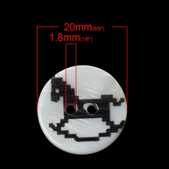 Picture of Natural Shell Sewing Button Scrapbooking 2 Holes Round Black Rocking Horse Pattern 20mm( 6/8") Dia, 20 PCs