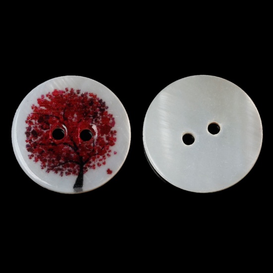 Picture of Natural Shell Sewing Button Scrapbooking 2 Holes Round Dark Red Tree Pattern 20mm( 6/8") Dia, 20 PCs