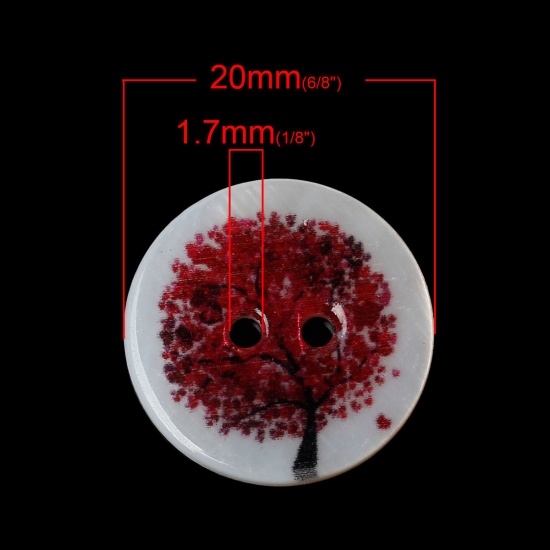 Picture of Natural Shell Sewing Button Scrapbooking 2 Holes Round Dark Red Tree Pattern 20mm( 6/8") Dia, 20 PCs