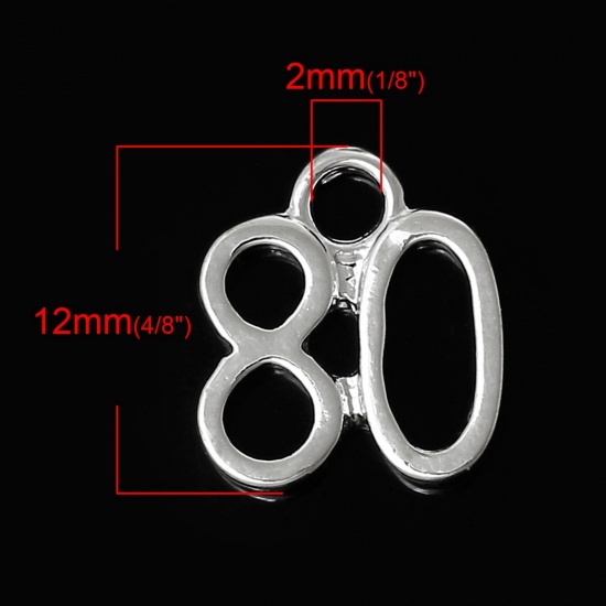 Picture of Zinc Metal Alloy Charm Pendants Number Age " 80 " Silver Plated 12mm(4/8") x 10mm(3/8"), 30 PCs