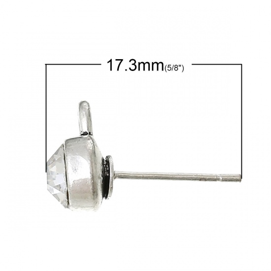 Picture of Zinc Based Alloy Ear Post Stud Earrings Findings Round Silver Tone Clear Rhinestone W/ Loop 10.5mm x7mm, Post/ Wire Size: (21 gauge), 20 PCs