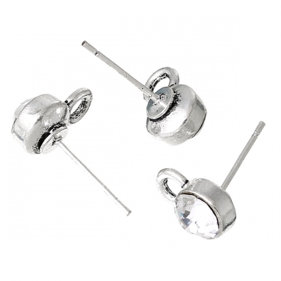 Picture of Zinc Based Alloy Ear Post Stud Earrings Findings Round Silver Tone Clear Rhinestone W/ Loop 10.5mm x7mm, Post/ Wire Size: (21 gauge), 20 PCs