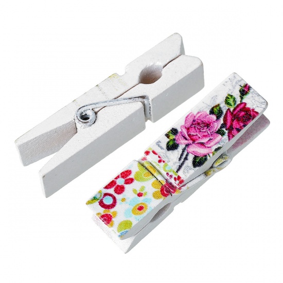 Picture of Wood Photo Paper Clothes Clothespin Clips Note Pegs Rectangle Multicolor Flower Pattern 4.5cm x1.5cm(1 6/8" x 5/8"), 2 Plates (8 PCs/Plate)