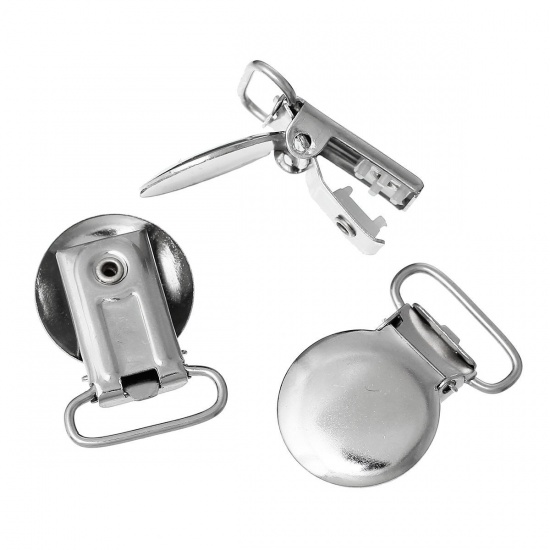 Picture of Iron Based Alloy Baby Pacifier Clip Round Silver Tone 34mm(1 3/8") x 23mm( 7/8"), 10 PCs
