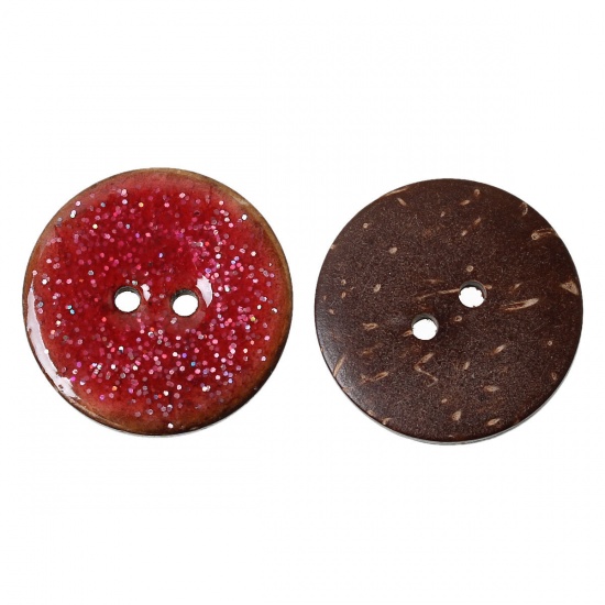 Picture of Natural Coconut Shell Sewing Buttons Scrapbooking 2 Holes Round Enamel Fuchsia Glitter 25mm(1") Dia, 10 PCs