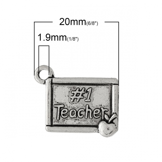 Picture of Zinc Metal Alloy Charm Pendants Rectangle Antique Silver Color Message " #1 Teacher " Carved 20mm(6/8") x 17mm(5/8"), 30 PCs