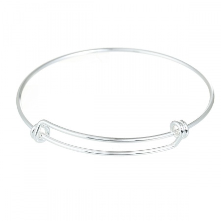 Brass Expandable Bangle Bracelet, Double Bar, Round Silver Plated Adjustable From 25cm(9 7/8") - 19.5cm(7 5/8") long, 3 PCs