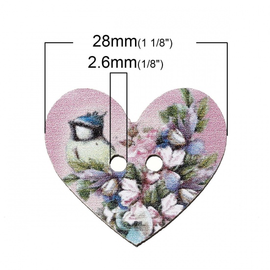 Immagine di Legno Bottone da Cucire ScrapbookBottone Cuore A Random Due Fori Fiore Disegno 28mm x 24mm, 5 Pz