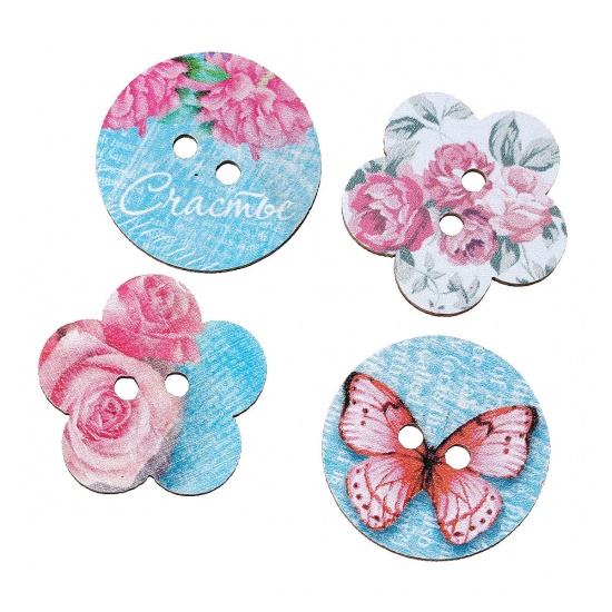 Picture of Wood Sewing Buttons Scrapbooking At Random Mixed 2 Holes Butterfly Pattern 25mm x24mm(1" x1") - 24mm(1") Dia, 6 PCs