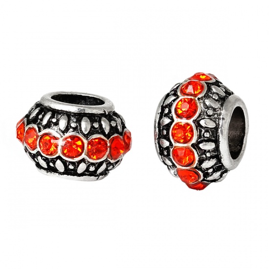 Picture of Zinc Based Alloy European Style Large Hole Charm Beads Antique Silver Color Round Orange Rhinestone 11mm x 7mm, Hole: Approx 4.9mm, 1 Piece