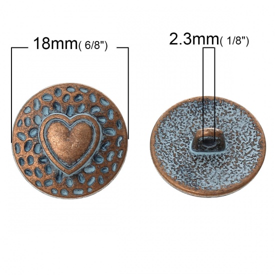 Picture of Zinc Based Alloy Metal Sewing Shank Buttons Round Antique Copper Heart Carved Spray Painted Blue 18mm( 6/8") Dia, 30 PCs