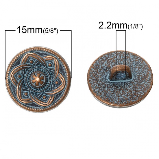 Picture of Zinc Based Alloy Metal Sewing Shank Buttons Round Antique Copper Flower Carved Spray Painted Blue 15mm( 5/8") Dia, 50 PCs