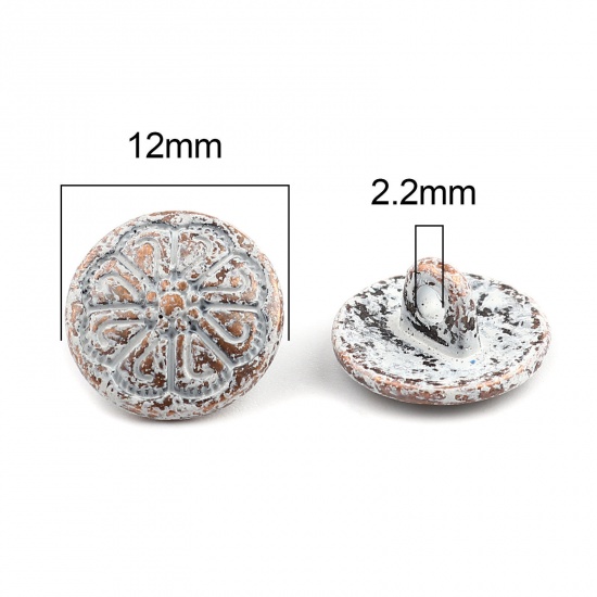 Picture of Zinc Based Alloy Metal Sewing Shank Buttons Round Antique Copper Flower Carved Spray Painted White 12mm( 4/8") Dia, 50 PCs