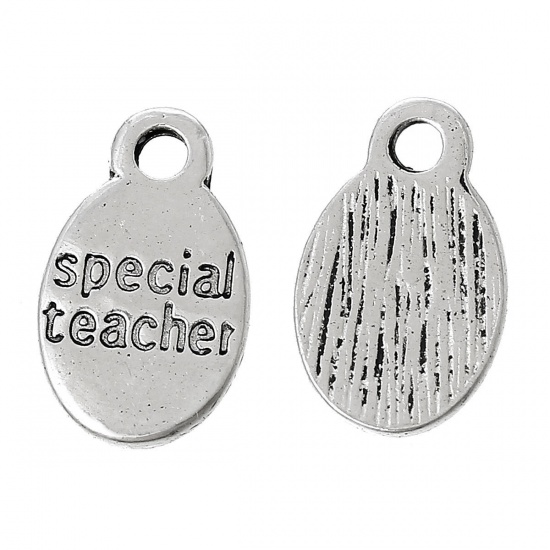 Immagine di Lega di Zinco Charm Ciondoli Ovale Argento Antico Lettere Scolpito " Special Teacher " 15mm x 9mm , 100 Pz