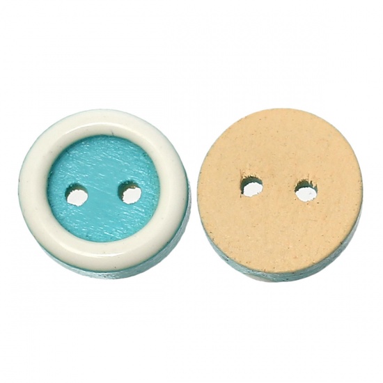 Picture of Natural Wood Sewing Button Scrapbooking Round Blue Enamel 2 Holes 13mm( 4/8") Dia, 30 PCs