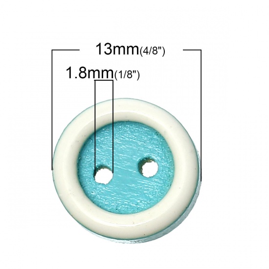 Picture of Natural Wood Sewing Button Scrapbooking Round Blue Enamel 2 Holes 13mm( 4/8") Dia, 30 PCs