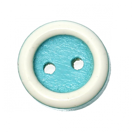 Picture of Natural Wood Sewing Button Scrapbooking Round Blue Enamel 2 Holes 13mm( 4/8") Dia, 30 PCs