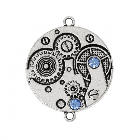 Immagine di Lega di Zinco Steampunk Connettore Accessori Tondo Argento Antico Ingranaggio Disegno Blu Strass 3.6cm x 3cm, 5 Pz