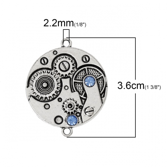 Immagine di Lega di Zinco Steampunk Connettore Accessori Tondo Argento Antico Ingranaggio Disegno Blu Strass 3.6cm x 3cm, 5 Pz