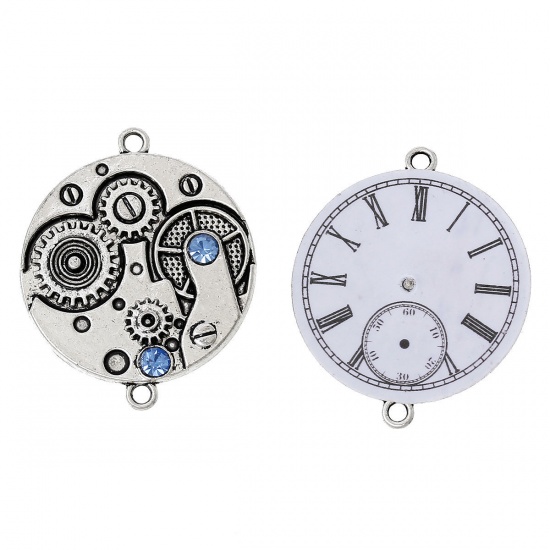 Immagine di Lega di Zinco Steampunk Connettore Accessori Tondo Argento Antico Ingranaggio Disegno Blu Strass 3.6cm x 3cm, 5 Pz