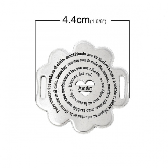 Picture of Zinc Metal Alloy Connectors Findings Flower Antique Silver Color Message Heart Carved Hollow 4.4cm(1 6/8") x 4.3cm(1 6/8"), 10 PCs