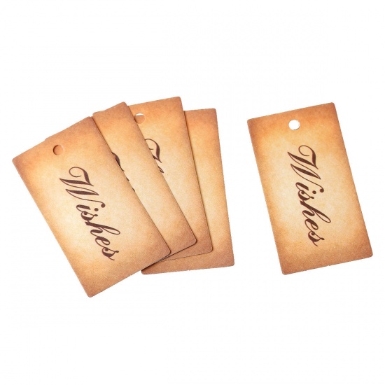 Picture of Paper Label Tags Rectangle Smoke Yellow Message "Wishes" Pattern 4.5cm x2.5cm(1 6/8" x1"), 100 PCs