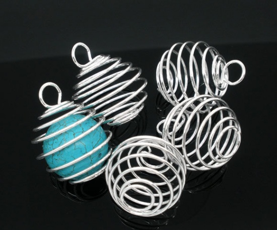 Picture of Alloy Spiral Bead Cages Pendants Lantern Silver Plated 29mm x25mm - 27mm x24mm, 20 PCs