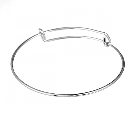 Picture of Brass Expandable Bangle Bracelet, Double Bar, Round Silver Tone Adjustable From 27cm(10 5/8") - 21cm(8 2/8") long, 5 PCs                                                                                                                                      