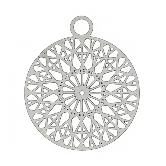 Bild von 304 Edelstahl Charm Anhänger Filigran Stempel Rund Silberfarben Muster Muster 22mm x 18mm, Dicke:0.3mm, 20 Stücke
